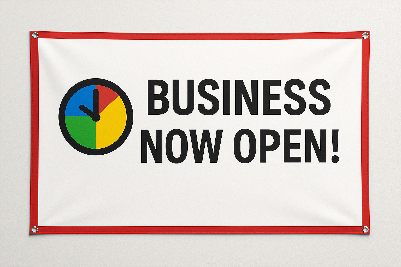 Perfect. center the text and make text "BUSINESS NOW OPEN!"